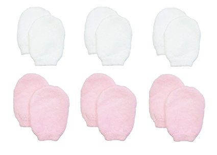 Newborn Baby Girl No Scratch Cotton Mittens (Includes 3 Pairs White & 3 Pairs Pink Mittens)