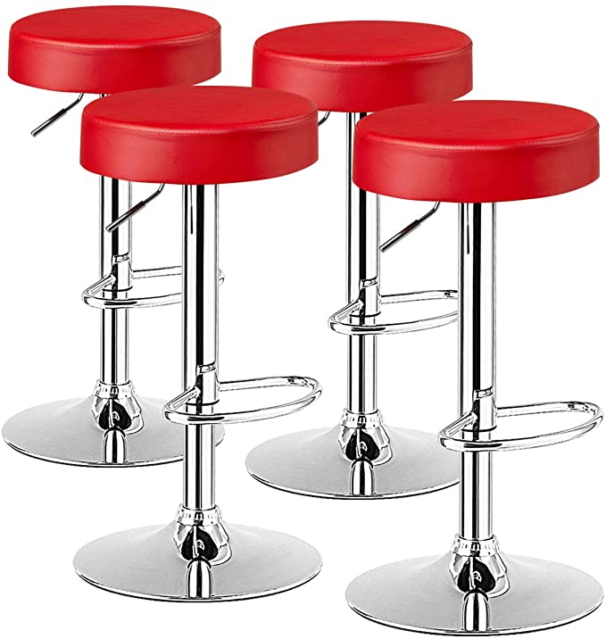 COSTWAY Bar Stools Set of 4, Modern Swivel Backless Round Barstool, PU Leather Armless bar Chair with Height Adjustable, Chrome Footrest, Sturdy Metal Frame for Kitchen Dining Bistro Pub (4 pcs, Red)