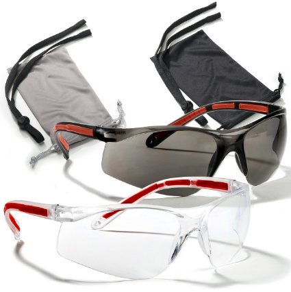 Safety Glasses Eye Protection 2 Pair (Clear & Smoke) 2 Cases 2 Neck Cords, Rubber Temples, Scratch Resistant Lenses. Z87 & CE 166 Certified. Your Satisfaction is Guaranteed. Add to Cart Now!