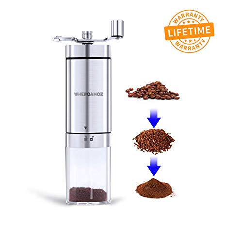 Wheroamoz Manual Coffee Grinder, Portable Hand Crank Coffee Grinder For Travel, Brushed Stainless Steel, Conical Burr Mill With Adjustable Setting Best For Espresso, French Press, Cold & Turkish Brew