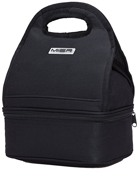 MIER Dual Compartment Lunch Cooler Bags Reusable Lunch Tote for Men, Women and Kids (Black)