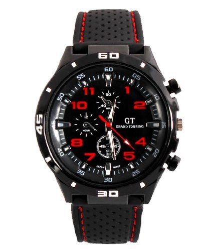 Fanmis GT Racing Sport Watch Military Pilot Aviator Army Style Black Silicone Red Men's Watches