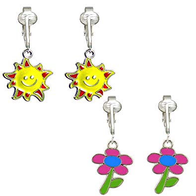 Bright & Fun Kids Clip On Earrings for Girls w Un-pierced Ears, Flowers, Bees, Ladybug, Sparkle Kids Clip Earrings