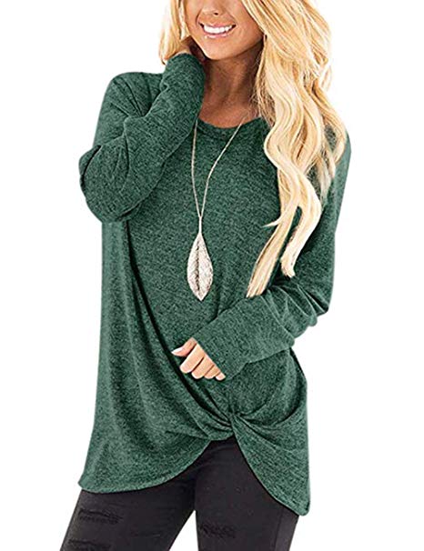 HUHHRRY Tie Front Knot Shirts for Women Short Sleeve Tunic Tops Solid Color Blouse Round Neck Tee