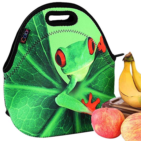 icolor Cute Frog Neoprene Lunch Bag— Insulated Lunchbox— Thermal Lunch Tote Bag— Water Resistant Lunch Box & Food Container — Travel, School, Work— Food Storage Cooler YLB-N32