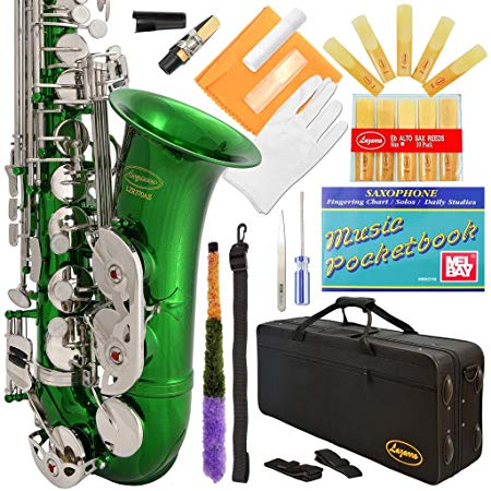 Lazarro 370-GR E-Flat Eb Alto Saxophone Green-Silver Keys with Case, 11 Reeds, Care Kit and Many Extras