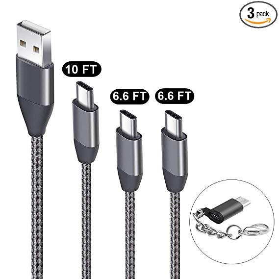 USB C Cable 6.6FTx2 10FT 3 Pack,USB A 2.0 to Type C Charger Nylon Braided USBC Charging Cord fit Samsung Galaxy S9 S8 Plus S9  S8  Note 9 8 LG V30 V20 G6 G5 Google Pixel 2 XL Moto Z Z2 Nintendo Switch