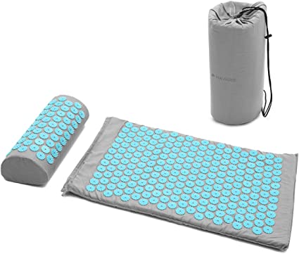 Navaris Acupressure Mat and Pillow Set - Acupuncture Mat for Back, Neck, Shoulders, Muscles, Relaxing - Includes Carry Bag - Grey/Blue