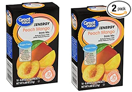 Great Value Sugar Free Low Calorie ENERGY Peach Mango Drink Mix with Caffeine - Naturally Flavored with Other Natural Flavors (Pack of 2)
