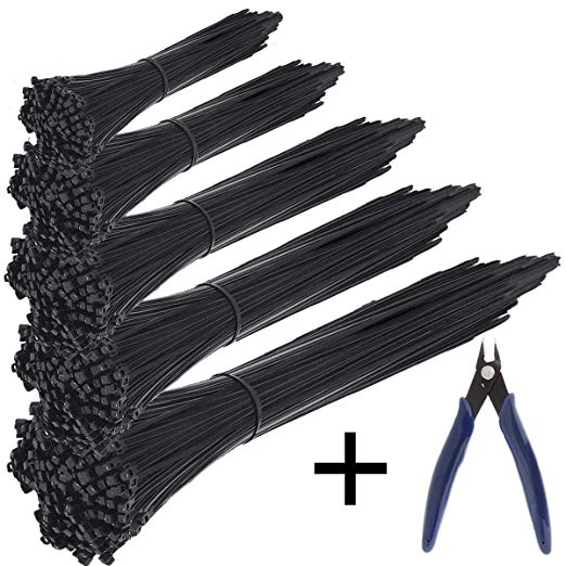 KASZOO Cable Ties 500 Pcs Nylon Zip Ties with Self-Locking 4/6/8/10/12 Inch, Black, UV Resistant, Wire Cutter