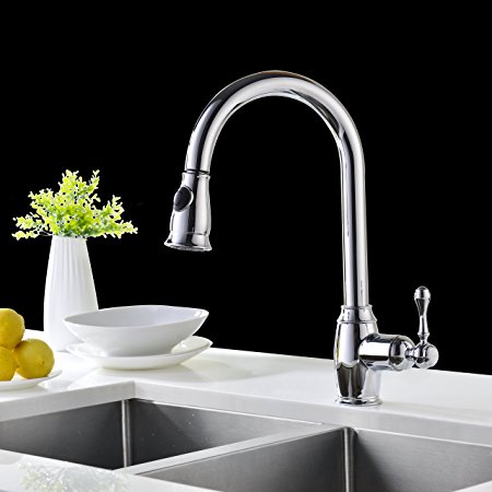 Refin Pre-rinse Kitchen Faucet Chrome Solid Brass High-Arc Swivel 360 Degree Single Handle Pull Out Sprayer Kitchen Sink Faucet
