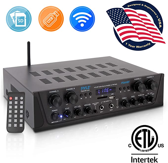 500W Karaoke Wireless Bluetooth Amplifier - 4 Channel Stereo Audio Home Theater Speaker Sound Power Receiver w/AUX in, FM, RCA Subwoofer Speakers Out, USB, Microphone in w/Echo - Pyle PTA44BT.5