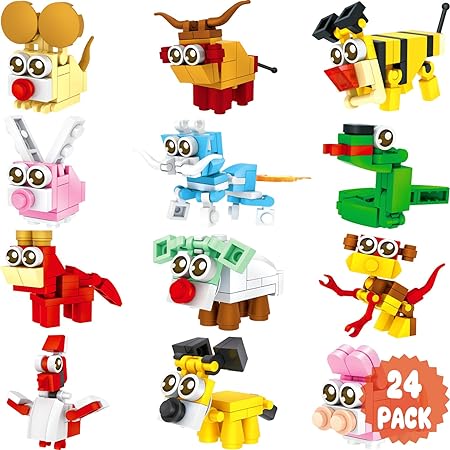 Qinline 24 Pack Party Favors for Kids 8-12, Animal Building Blocks Kit With Gift Cards for Kids School Classroom Bulk, Easter Gifts Exchange for Boy Girl, Kids Easter Basket Stuffers Egg Fillers Toy