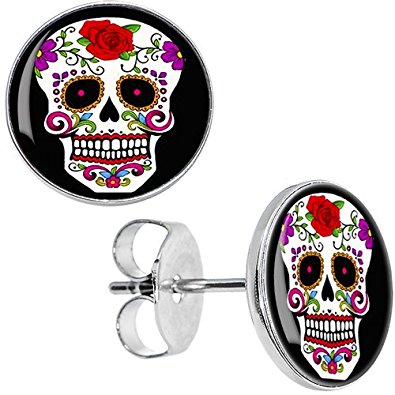 Body Candy Stainless Steel White Sugar Skull Stud Earrings