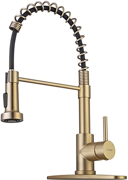 Brushed Gold Kitchen Faucet with Pull Down Sprayer, RV Brass Kitchen Faucet Stainless Steel Single Handle Spring Faucet with Deck Plate for Farmhouse Utility bar Laundry Sinks WEWE