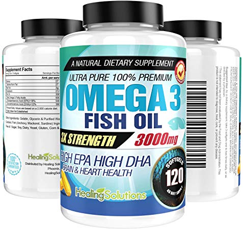 Ultra Pure Omega 3 Fish Oil (Triple Strength - 3000mg Per Serving) 120 Softgels High EPA and DHA Fatty Acids Supplement 3 x 1000 mg - 120 Pills