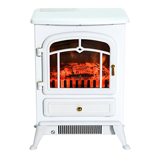 HomCom 16" 1500W Free Standing Electric Wood Stove Fireplace Heater (White)