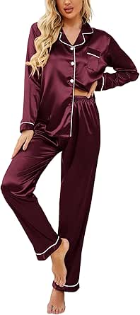 Ekouaer Women's Classic Button Down Long Satin Silk Pajama Set