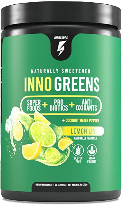 Inno Greens - 28  Greens & Superfoods, Added Probiotics & Digestive Enzymes, Ashwagandha, Advanced Hydration & Antioxidants - Delicious Natural Flavors - 30 Servings (Lemon Lime, 9.6 oz)