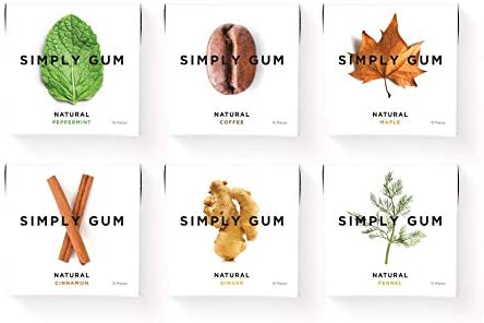 Simply Gum | Natural Chewing Gum | Variety Pack - Peppermint, Cinnamon, Ginger, Fennel, Maple, Coffee | Plant-Based   Plastic-Free   Aspartame-Free | Pack of Six (90 Pieces Total)
