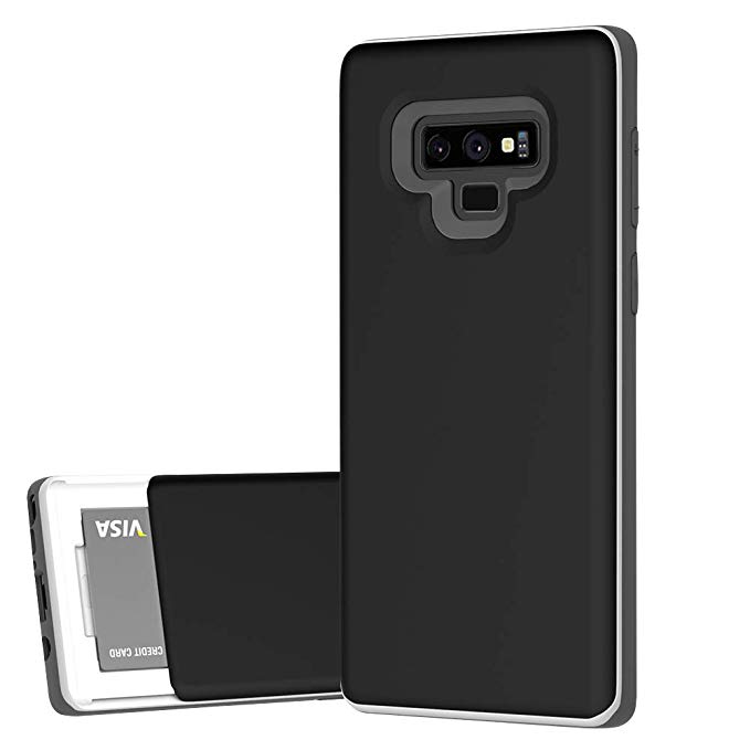 DesignSkin Note 9 Sliding Card Holder Case, Extreme Heavy Duty Triple Layer Bumper Protection Wallet Cover with Storage Slot Slider for Samsung Note9 - Black Titanium
