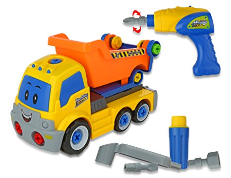 Advanced Play Constuction Dump Take Apart Truck Toys for Preschool children Equipped With Play Power Tools for kids such as Electric Drill and Various Tools Moves and Rides On Its Own for Toddlers