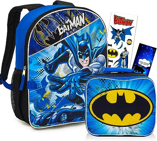 DC Comics Batman Backpack with Lunch Bag Set for Boys Kids ~ Deluxe 16" Batman Backpack with Insulated Lunch Box. Stickers, and More (Batman School Supplies Bundle)