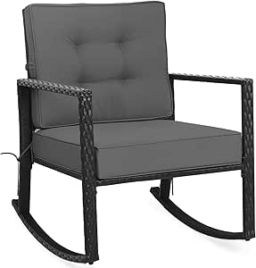 COSTWAY Garden Rocking Chair, Outdoor PE Rattan Glider Armchair with Upholstered Cushions and Armrests, All-weather Wicker Relax Lounge Rocker Seat for Patio Backyard Lawn Poolside (Grey)