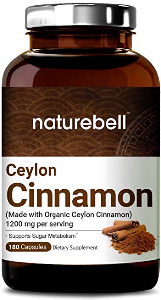 Organic Ceylon Cinnamon 1200mg Per Serving, 180 Capsules, Powerfully Support Sugar Metabolism, Heart Function and Joint Health, Non-GMO, Gluten-Free, Made in USA