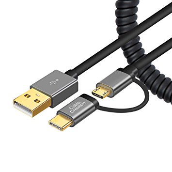 2 in 1 USB C and Micro USB Cable, CableCreation Coiled Type C Micro USB Cable for Samsung S8 / S8 , Pixel XL, Android & Type C devices, Stretched 0.6-5 Feet Black with Aluminum Shell