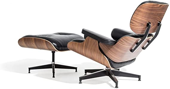 Mid Century Modern Classic Plywood Design Replica Style Walnut Wood Lounge Chair & Ottoman with Premium High Grade Black PU Leather