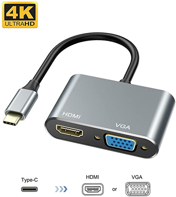 USB C to HDMI VGA Adapter with 4K HDMI, 1080P VGA, ABLEWE USB C Adapter 2-in-1 Hub Thunderbolt 3 to HDMI VGA for MacBook/MacBook Pro/Air,Chromebook Pixel,LenovoYoga,Dell XPS 13,Samsung Galaxy and More