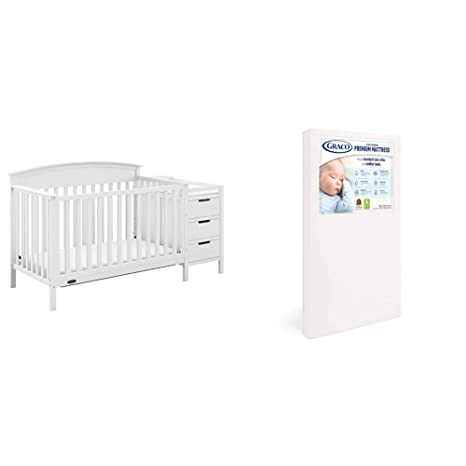 Graco Benton 5 in 1 Convertible Crib and Changer - White & Premium Foam Crib and Toddler Mattress, White – Ships Compressed in Lightweight Box, Hand-Washable Outer Cover