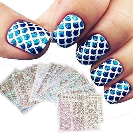 Pattern Template Stencil Stickers, Fheaven 24 SheetsSet New Nail Hollow Irregular Grid Stencil Reusable Manicure Stickers Stamping Template Nail Art Tools