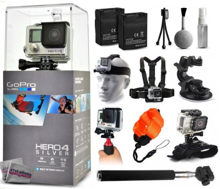 GoPro Hero 4 HERO4 Silver Edition CHDHY-401 with 2 Batteries   Selfie Stick   Head Strap   Chest Strap   Car Dash Mount   Wrist Strap   Opteka HG1   Floating Strap   Cleaning Kit