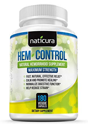 Hem-Control Natural Hemorrhoid Herbal Remedy; 180 Capsules for Hemroid Pain Relief & Colon Health With Blond Psyllium Husk by Naticura 2 Months Supply