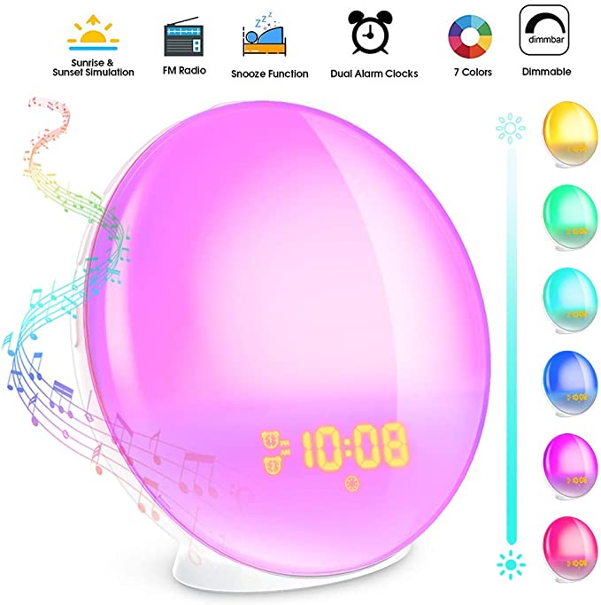 Alarm Clock Wake Up Light- Light Alarm Clock with Sunrise/Sunset Simulation Dual Alarms Bedside Night Lamp Snooze Function FM Radio 7 Natural Sounds 7 Colorful Atmosphere Lamp USB Phone Charging Port