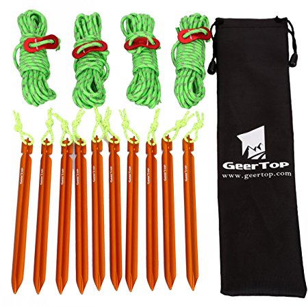 GEERTOP 10 Pack 7-in Aluminum Tent Pegs Stakes & 4mm Reflective Guy lines with Cord Adjuster & Pouch for Hiking Camping Mountaineering