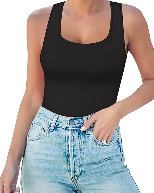 MANGOPOP Sexy Square Neck Racer Back Sleeveless Tank Tops Bodysuit for Women