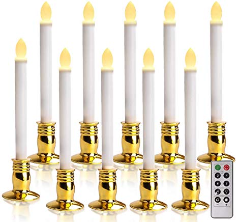 MAXEDOD 10 PCS Led Window Candles with Remote Timer Battery Operated Taper Candles Flameless Flickering, Gold Candle Holders for Christmas, Wedding, Party Decorations