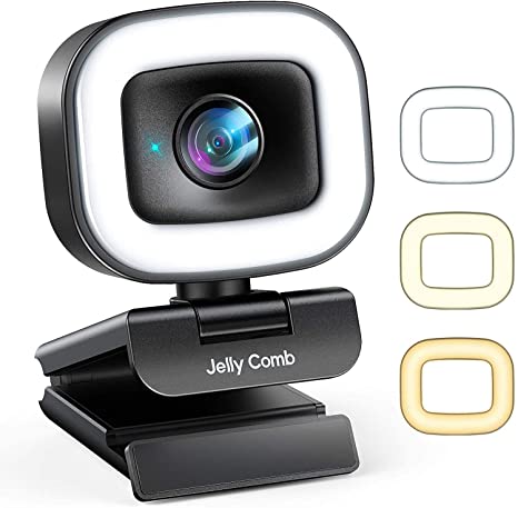 Streaming Webcam with Adjustable Ring Light, Jelly Comb Auto-Focus HD 60FPS, 1080P Web Camera with Privacy Cover and Dual Mic for YouTube, Skype, Zoom, Twitch, OBS, Xsplit and Video Calling, W15
