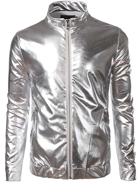 Zeroyaa Mens Unisex Casual Slim Fit Shiny Metallic Zip Up Stand Collar Jacket/Night Club Stage Blazer
