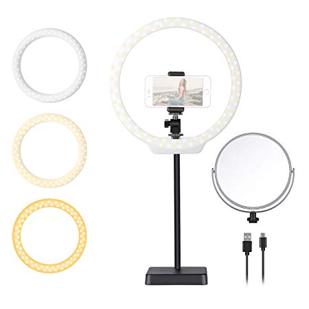 Neewer 10-Inch Tabletop LED Ring Light Kit with Double-Side Mirror, Phone Holder, Hot Shoe for YouTube Video Live Streaming Makeup Selfie, Desktop Mini USB Camera LED Light with 3 Light Modes