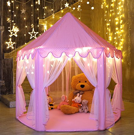 Kids Play House Princess Tent - Indoor and Outdoor Hexagon Pink Castle Play tent for Girls with LED Light by MonoBeach