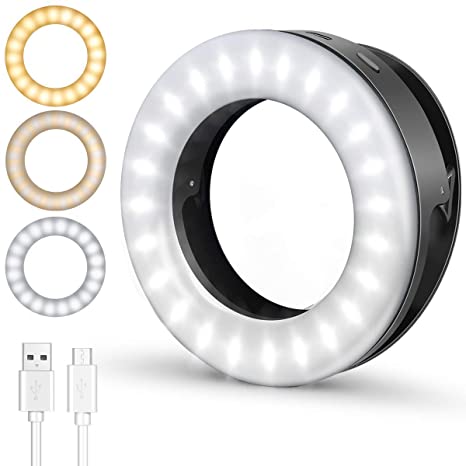 Selfie Ring Light, ELEGIANT Rechargeable Portable Clip-on Fill Light with 40 LED 3 Colors Mode Adjustable Brightness Mini Ring Light for Tiktok Photography, Camera Video, Makes up， Black