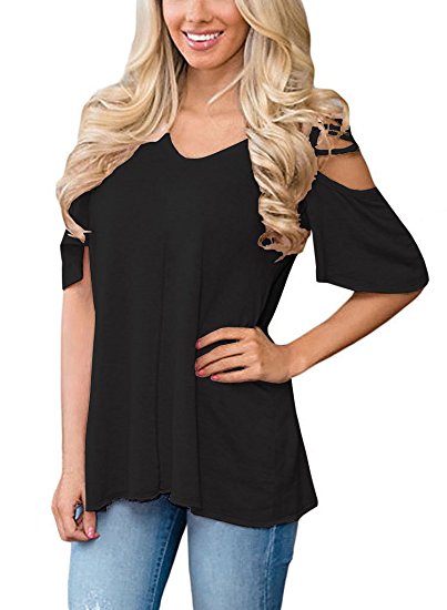 ECOLIVZIT Women Cold Shoulder Tops Casual Loose Hollow Out Blouse