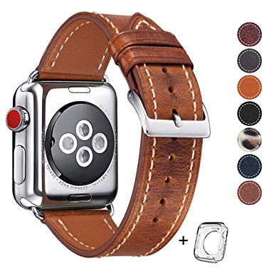 Compatible Apple Watch Band 42mm 44mm, Top Grain Leather Band Replacement Strap iWatch Series 4,Series 3/2/ 1,Sport Edition 2019 New Retro discoloured Leather (Retro Camel Brown Silver Buckle)