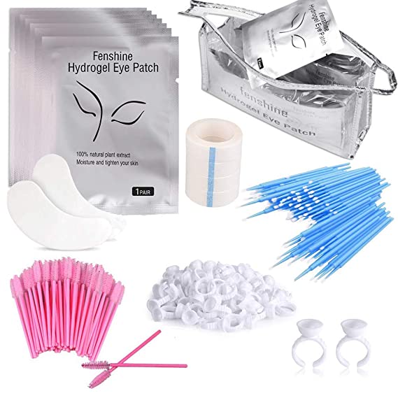 Eyelash Extension Supplies 4x100 Packs - 100 Pairs Under Eye Gel Pads | 100 Disposable Mascara Brushes Wands | 100 Micro Applicators Brush | 100 Glue Ring Holder | 4 Medical Tapes