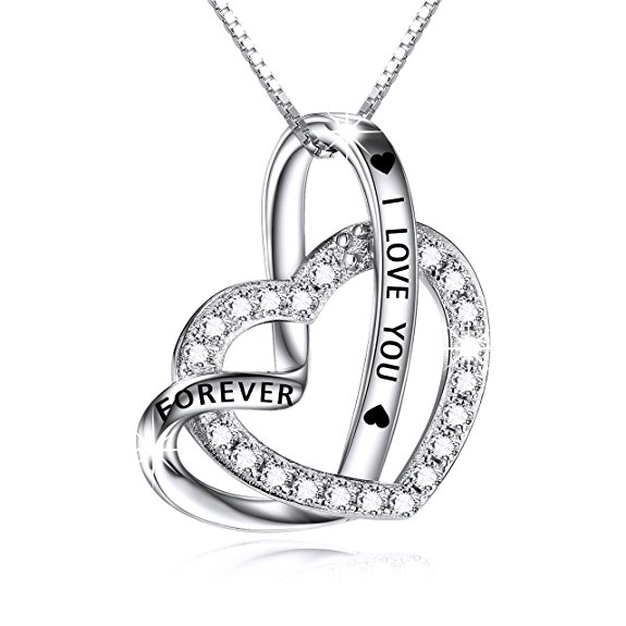 Sterling Silver Double Heart Necklace Engraved I Love You Forever Pendant Valentines Gift for Her CZ Jewelry