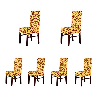 6 x Soft Fit Stretch Short Dining Room Chair Covers, Printed Pattern, Banquet Chair Seat Protector Slipcover for Party Hotel Wedding Ceremony (YellowCoffee)